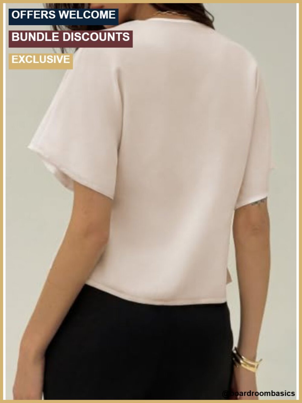 EVALESS Business Casual Blouse Short Sleeve V-Neck Gold Buttons Asymmetric Hem - Picture 2 of 6